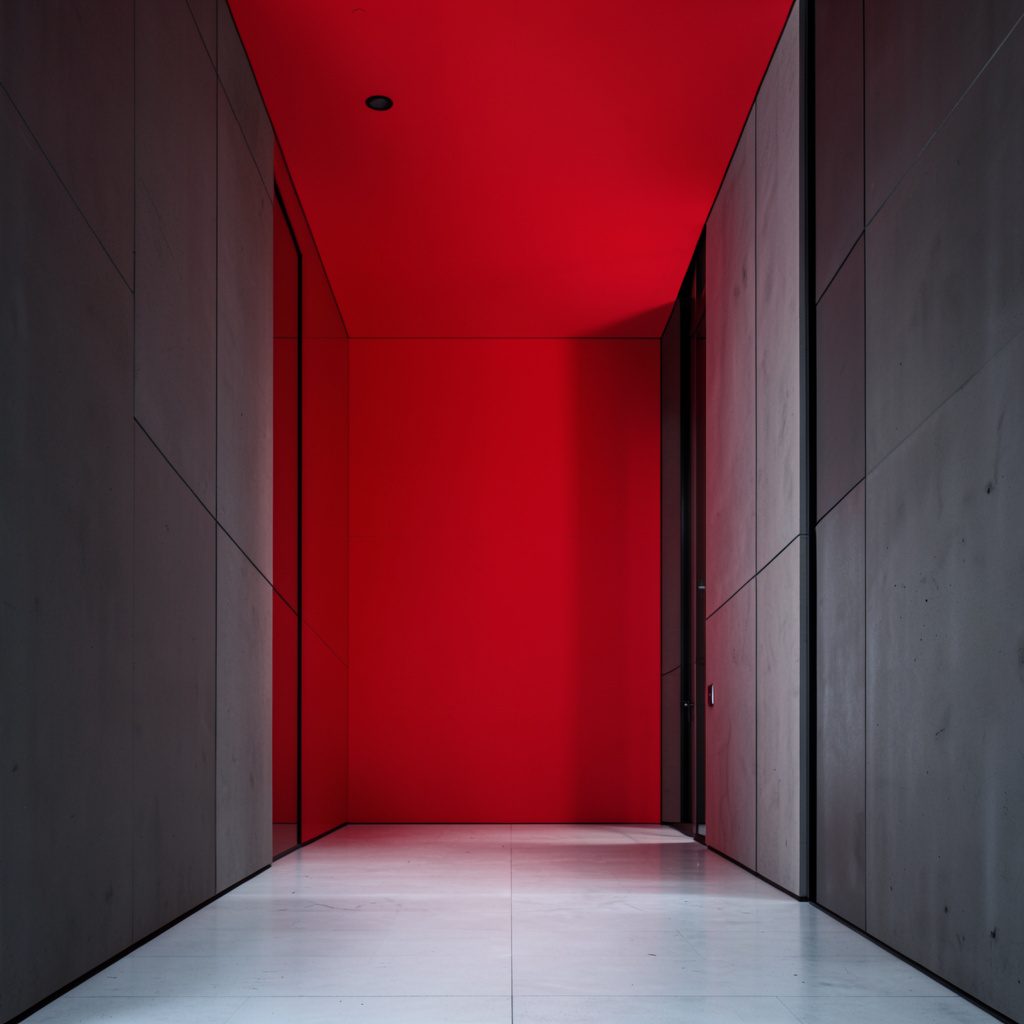 Symmetrical corporate conference hall with a wide red-carpeted stage, soft amber lighting, and rows of empty chairs facing a clean backdrop